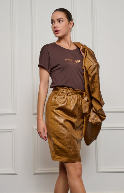 EsQualo Rok belt metallic crinkle Brandy F24.10554 Stretchshop.nl