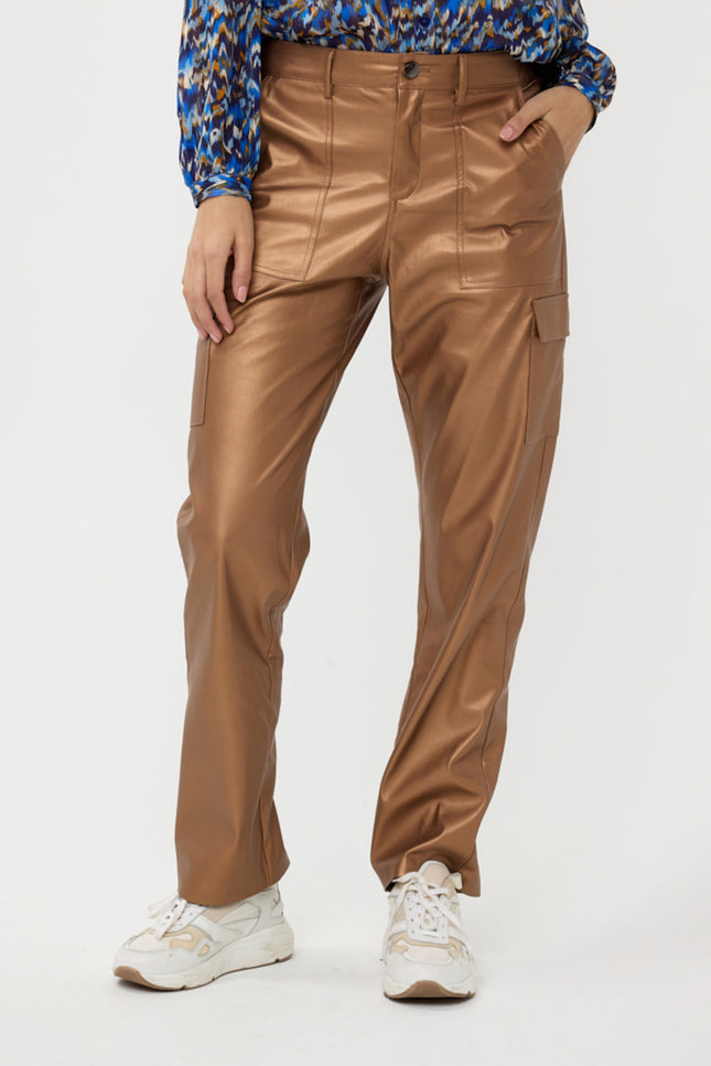 EsQualo Broek cargo vegan leather Brandy F24.11507 Stretchshop.nl