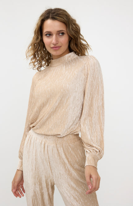 EsQualo Blouse crinkle velvet Sand F24.05519 Stretchshop.nl