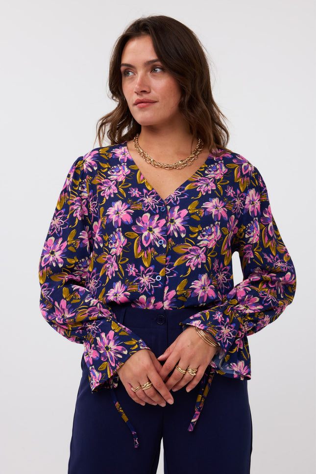 Ydence Blouse eline navy flower Stretchshop.nl