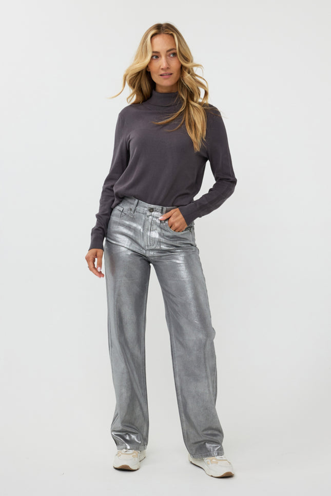 EsQualo Broek Metallic Coated Dark Grey W24.12703 Stretchshop.nl