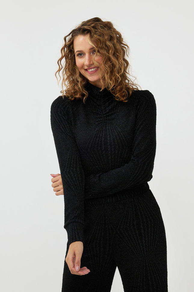 EsQualo Top Gathering Jacquard SJ Black W24.30713 Stretchshop.nl