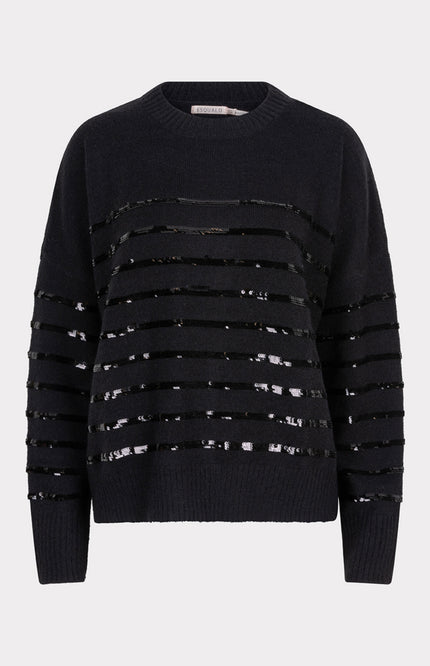 EsQualo Sweater Striped Sequins Black W24.07707 Stretchshop.nl