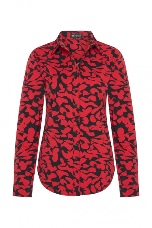 Travel blouse Leaves Print Dark Red Black 60840