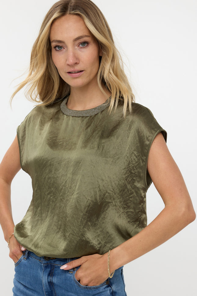 EsQualo Top crushed satin moss green F24.15502 Stretchshop.nl