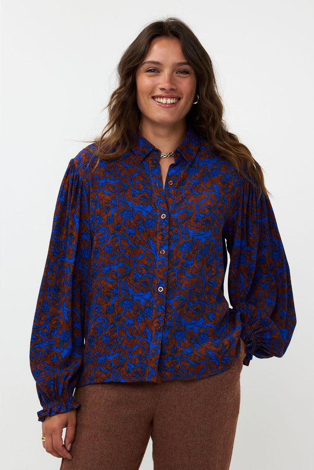 Ydence Blouse alyssa blue brown flower Stretchshop.nl