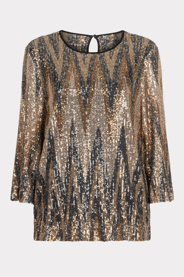 EsQualo Blouse sequins zigzag print W24.08705 Stretchshop.nl