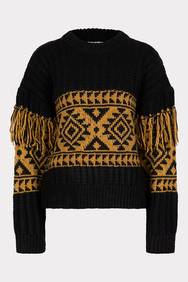 EsQualo Sweater jacquard fringes black olive 18701 Stretchshop.nl