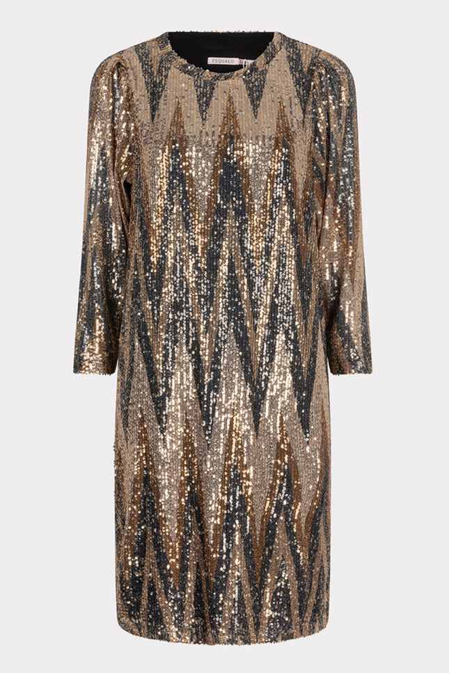 EsQualo Jurk sequins zigzag print W24.08704 Stretchshop.nl