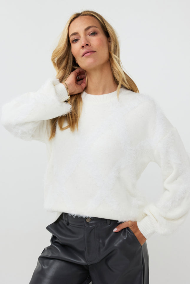 EsQualo Sweater hairy sequins offwhite W24.02706 Stretchshop.nl