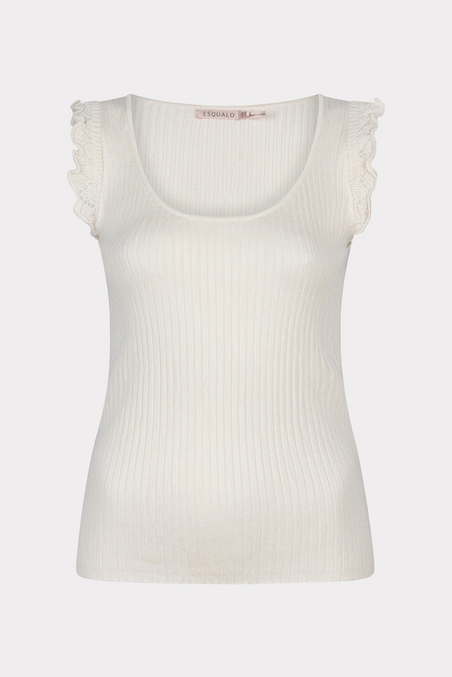 EsQualo Top rib crochet volant ivory 07209 Stretchshop.nl