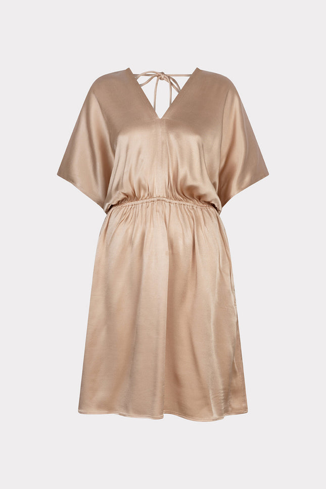 EsQualo Jurk v-neck viscose sateen soft gold 10200 Stretchshop.nl