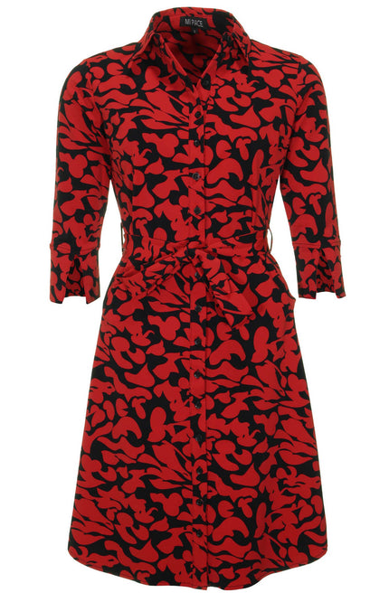 Mi Piace Travel jurk Leaves Print Dark Red black 202092 Stretchshop.nl