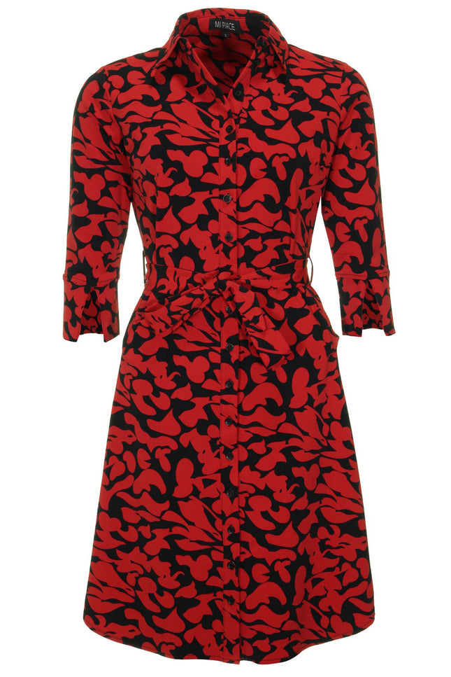 Mi Piace Travel jurk Leaves Print Dark Red black 202092 Stretchshop.nl