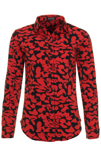 Mi Piace Travel blouse Leaves Print Dark Red Black 60840 Stretchshop.nl